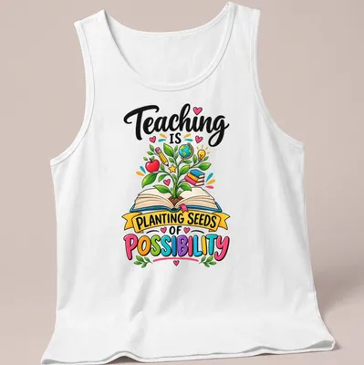 Colorful cartoon shirt with a plant growing from an open book and inspirational text. — printed on a tank top