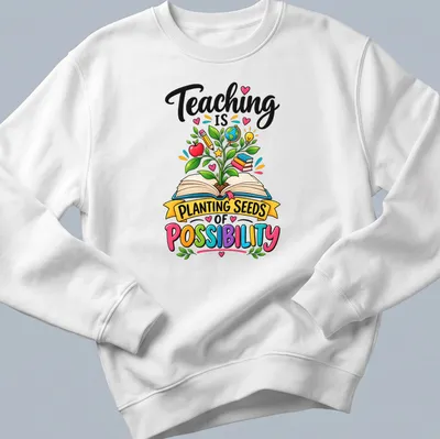 Colorful cartoon shirt with a plant growing from an open book and inspirational text. — printed on a unisex sweatshirt