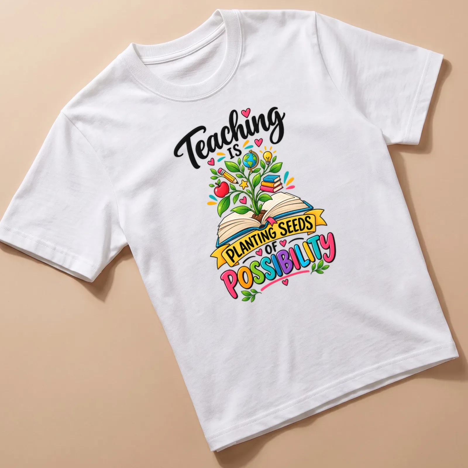 Colorful cartoon shirt with a plant growing from an open book and inspirational text. — printed on a unisex t-shirt