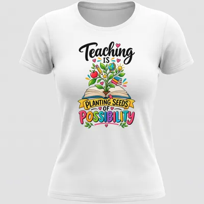 Colorful cartoon shirt with a plant growing from an open book and inspirational text. — printed on a women's shirt