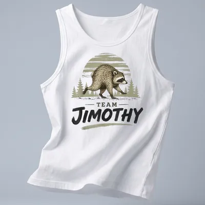 Vintage illustration of a raccoon walking with the text 'TEAM JIMOTHY' — printed on a tank top