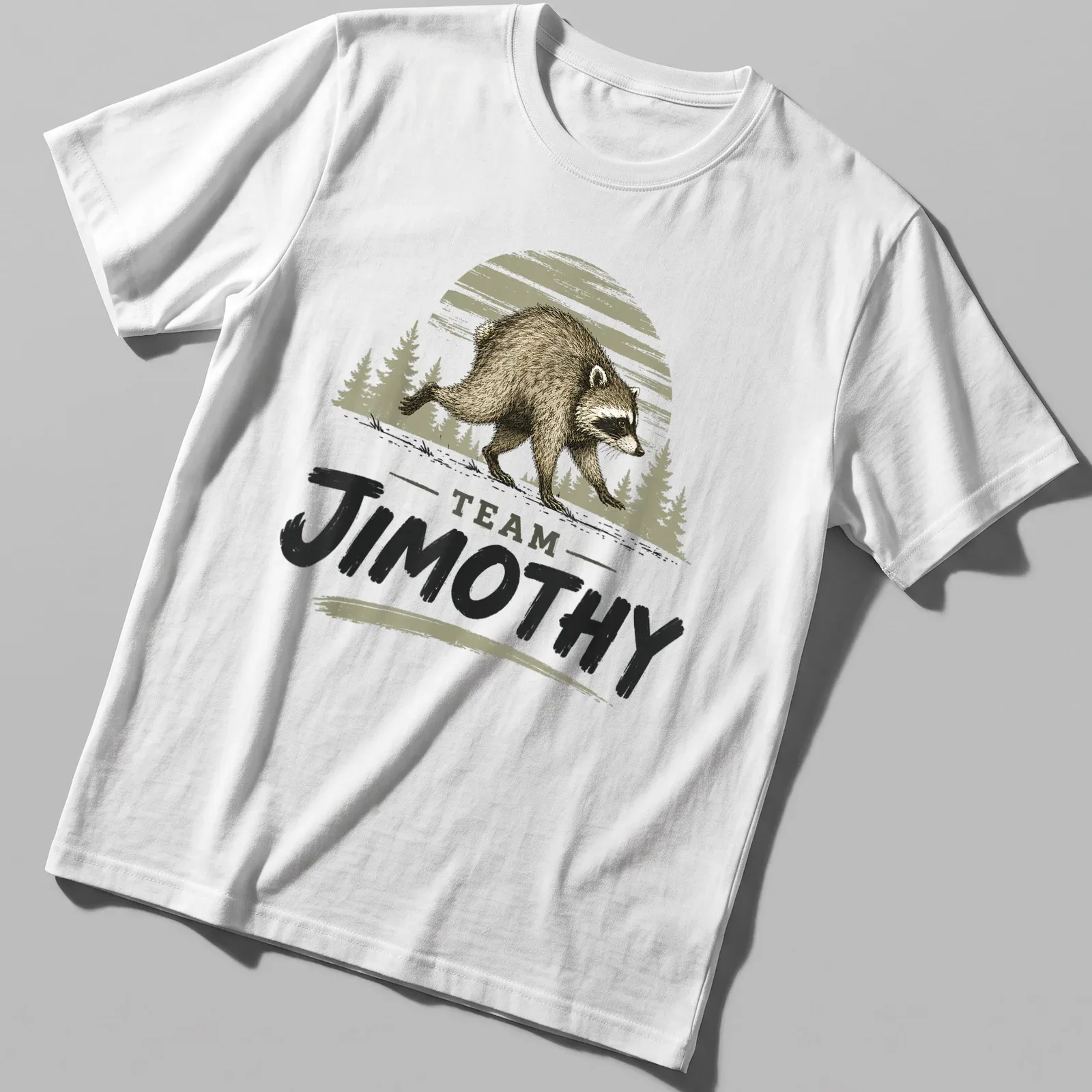 Vintage illustration of a raccoon walking with the text 'TEAM JIMOTHY' — printed on a unisex t-shirt
