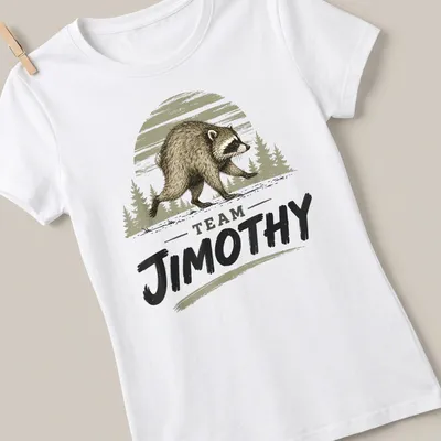 Vintage illustration of a raccoon walking with the text 'TEAM JIMOTHY' — printed on a women's shirt
