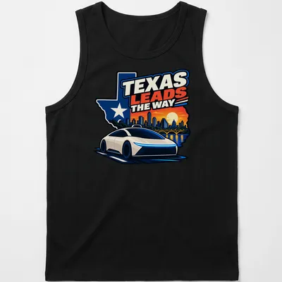 Bold graphic of a self-driving car with Austin skyline and text Texas Leads the Way — printed on a tank top