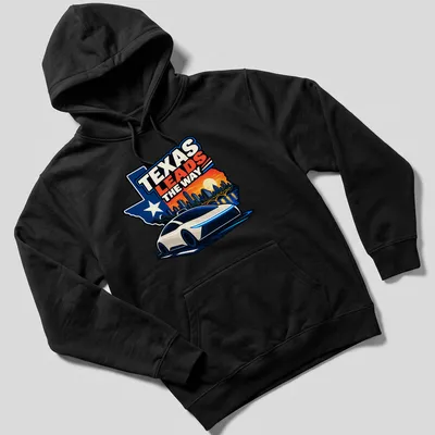 Bold graphic of a self-driving car with Austin skyline and text Texas Leads the Way — printed on a unisex hoodie