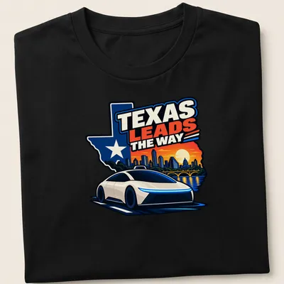 Bold graphic of a self-driving car with Austin skyline and text Texas Leads the Way