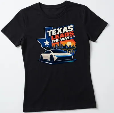 Bold graphic of a self-driving car with Austin skyline and text Texas Leads the Way — printed on a women's shirt