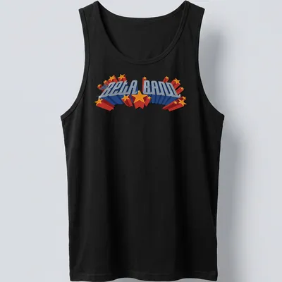 Bold, colorful 3D lettering of 'the BETA BAND' in blue, red, and yellow — printed on a tank top