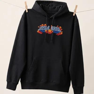 Bold, colorful 3D lettering of 'the BETA BAND' in blue, red, and yellow — printed on a unisex hoodie