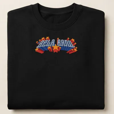 Bold, colorful 3D lettering of 'the BETA BAND' in blue, red, and yellow — printed on a unisex sweatshirt