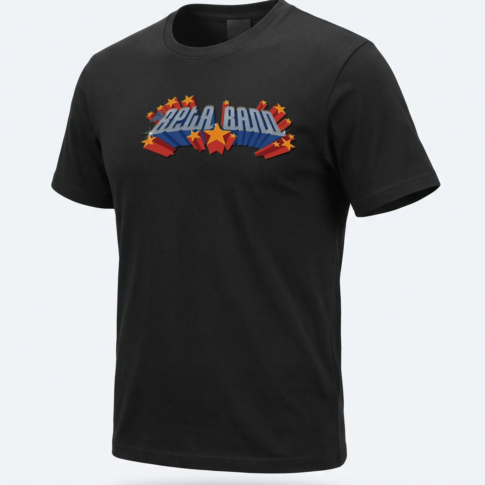 Bold, colorful 3D lettering of 'the BETA BAND' in blue, red, and yellow — printed on a unisex t-shirt