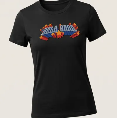 Bold, colorful 3D lettering of 'the BETA BAND' in blue, red, and yellow — printed on a women's shirt
