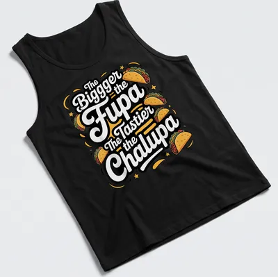 Bold playful tee featuring taco-themed text in bright colors — printed on a tank top