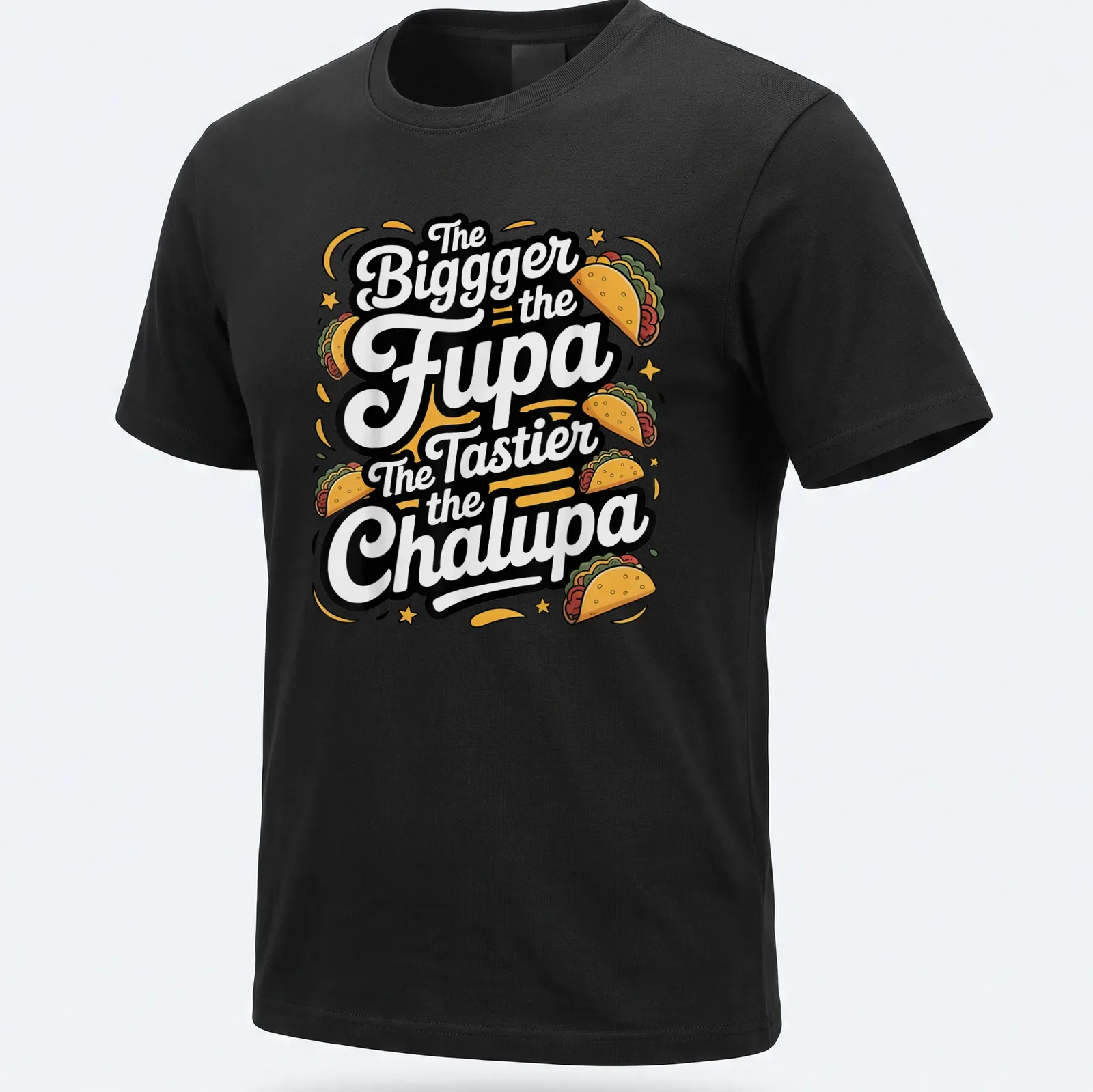 Bold playful tee featuring taco-themed text in bright colors — printed on a unisex t-shirt
