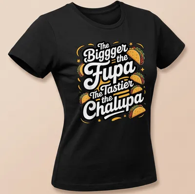 Bold playful tee featuring taco-themed text in bright colors — printed on a women's shirt