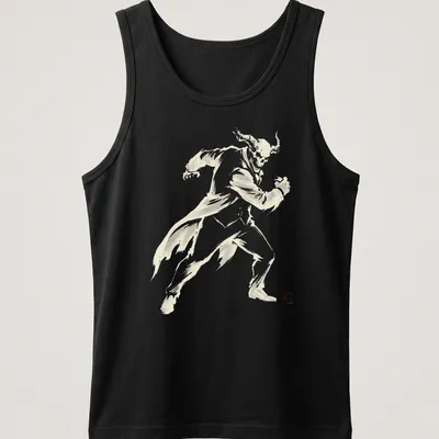 Sumi E style graphic of a gaming character in motion with horns — printed on a tank top