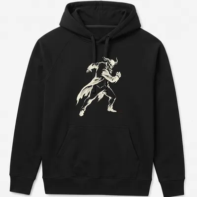 Sumi E style graphic of a gaming character in motion with horns — printed on a unisex hoodie