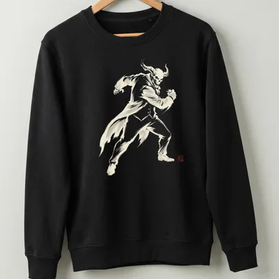 Sumi E style graphic of a gaming character in motion with horns — printed on a unisex sweatshirt