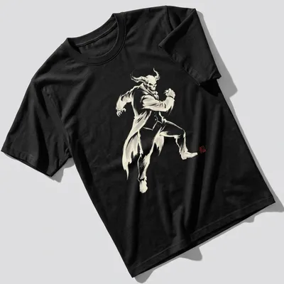 Sumi E style graphic of a gaming character in motion with horns