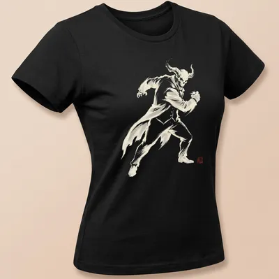 Sumi E style graphic of a gaming character in motion with horns — printed on a women's shirt