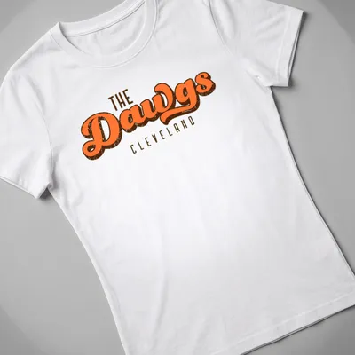 Vintage style Cleveland Dawgs t-shirt with retro colors and bold text — printed on a women's shirt