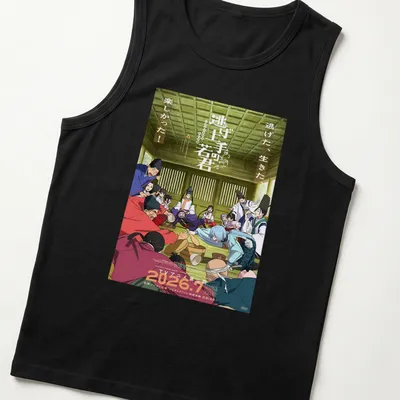 Anime characters with colorful text in blue, red, green, yellow, and white — printed on a tank top