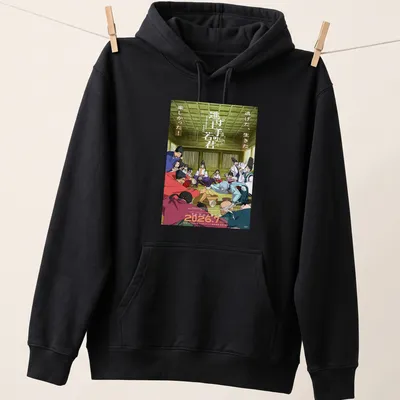 Anime characters with colorful text in blue, red, green, yellow, and white — printed on a unisex hoodie