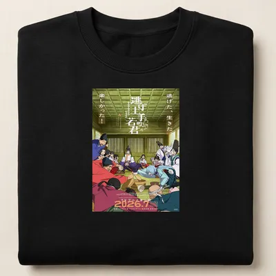 Anime characters with colorful text in blue, red, green, yellow, and white — printed on a unisex sweatshirt