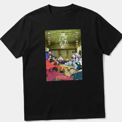 Anime characters with colorful text in blue, red, green, yellow, and white — printed on a unisex t-shirt