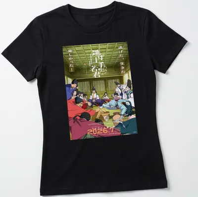 Anime characters with colorful text in blue, red, green, yellow, and white — printed on a women's shirt