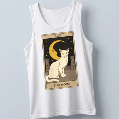 Vintage tarot design featuring a white cat with the text XVIII THE MOON — printed on a tank top