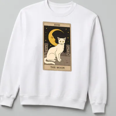 Vintage tarot design featuring a white cat with the text XVIII THE MOON — printed on a unisex sweatshirt