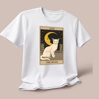 Vintage tarot design featuring a white cat with the text XVIII THE MOON — printed on a unisex t-shirt (angled view)