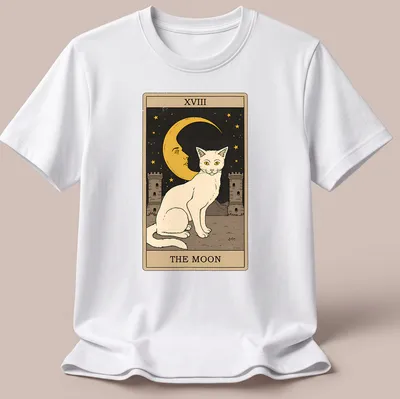 Vintage tarot design featuring a white cat with the text XVIII THE MOON
