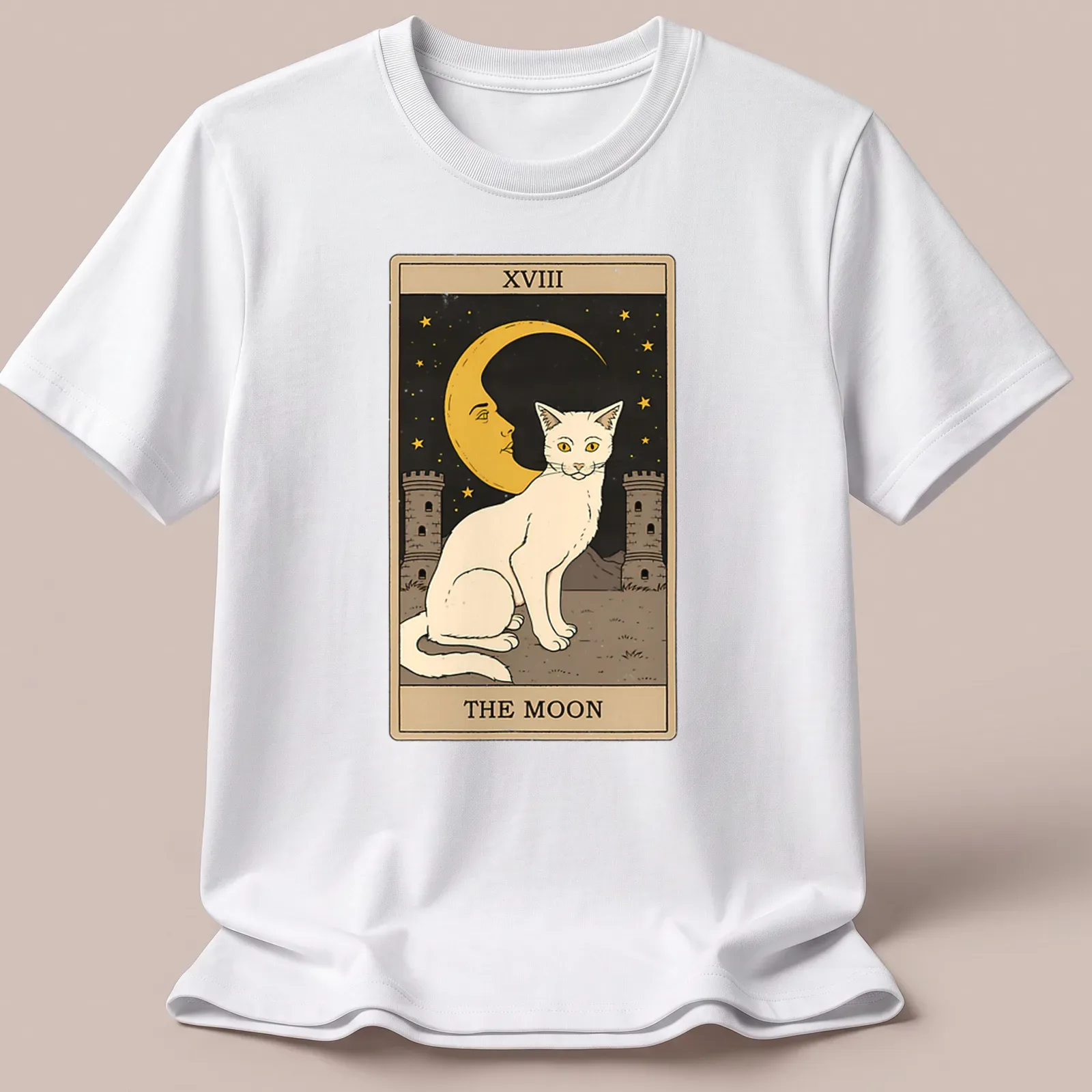 Vintage tarot design featuring a white cat with the text XVIII THE MOON — printed on a unisex t-shirt