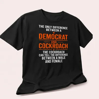 Bold political humor t-shirt with cockroach and text about Democrats — printed on a unisex t-shirt (angled view)