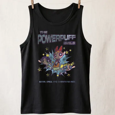 Colorful cartoon design featuring the Powerpuff Girls and the phrase about their qualities. — printed on a tank top
