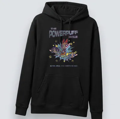 Colorful cartoon design featuring the Powerpuff Girls and the phrase about their qualities. — printed on a unisex hoodie