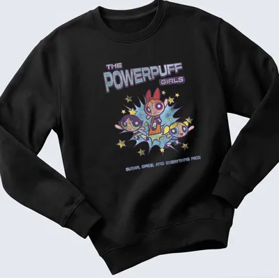 Colorful cartoon design featuring the Powerpuff Girls and the phrase about their qualities. — printed on a unisex sweatshirt