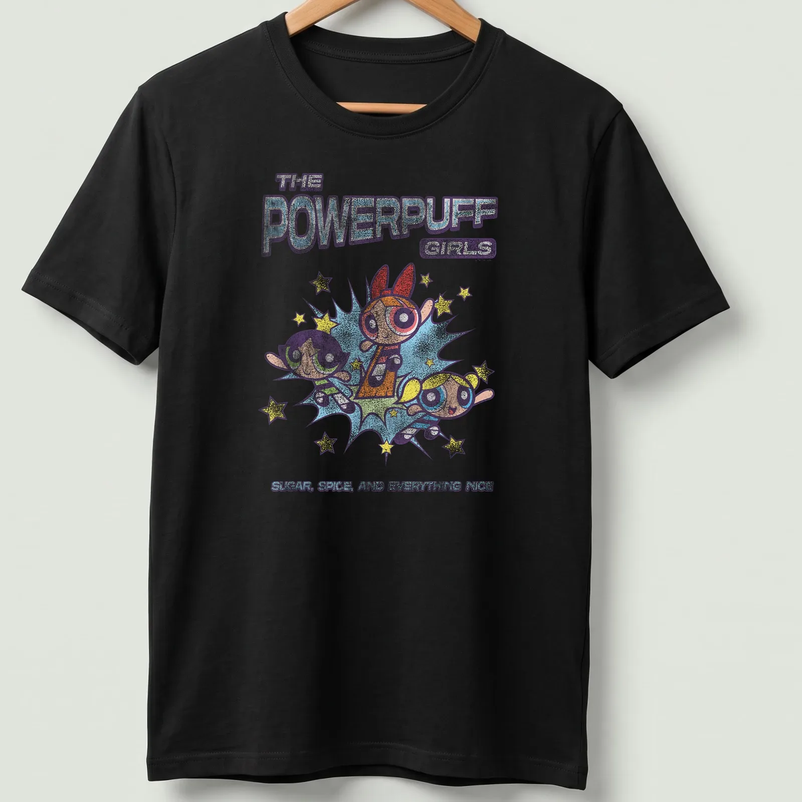 Colorful cartoon design featuring the Powerpuff Girls and the phrase about their qualities. — printed on a unisex t-shirt