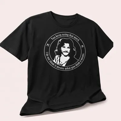 Classic movie design featuring The Princess Bride in black, white, and gold. — printed on a unisex t-shirt (angled view)