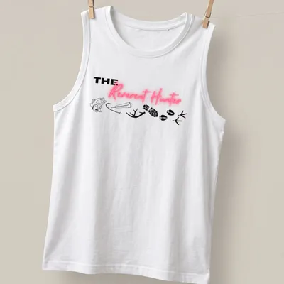 Bold typography tee featuring 'THE Reverent Hunter' with fishing and wildlife elements — printed on a tank top