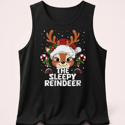 Cute kawaii cartoon of a sleepy reindeer with colorful lettering — printed on a tank top