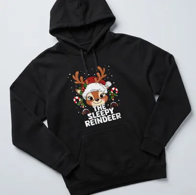 Cute kawaii cartoon of a sleepy reindeer with colorful lettering — printed on a unisex hoodie