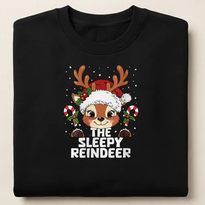 Cute kawaii cartoon of a sleepy reindeer with colorful lettering — printed on a unisex sweatshirt