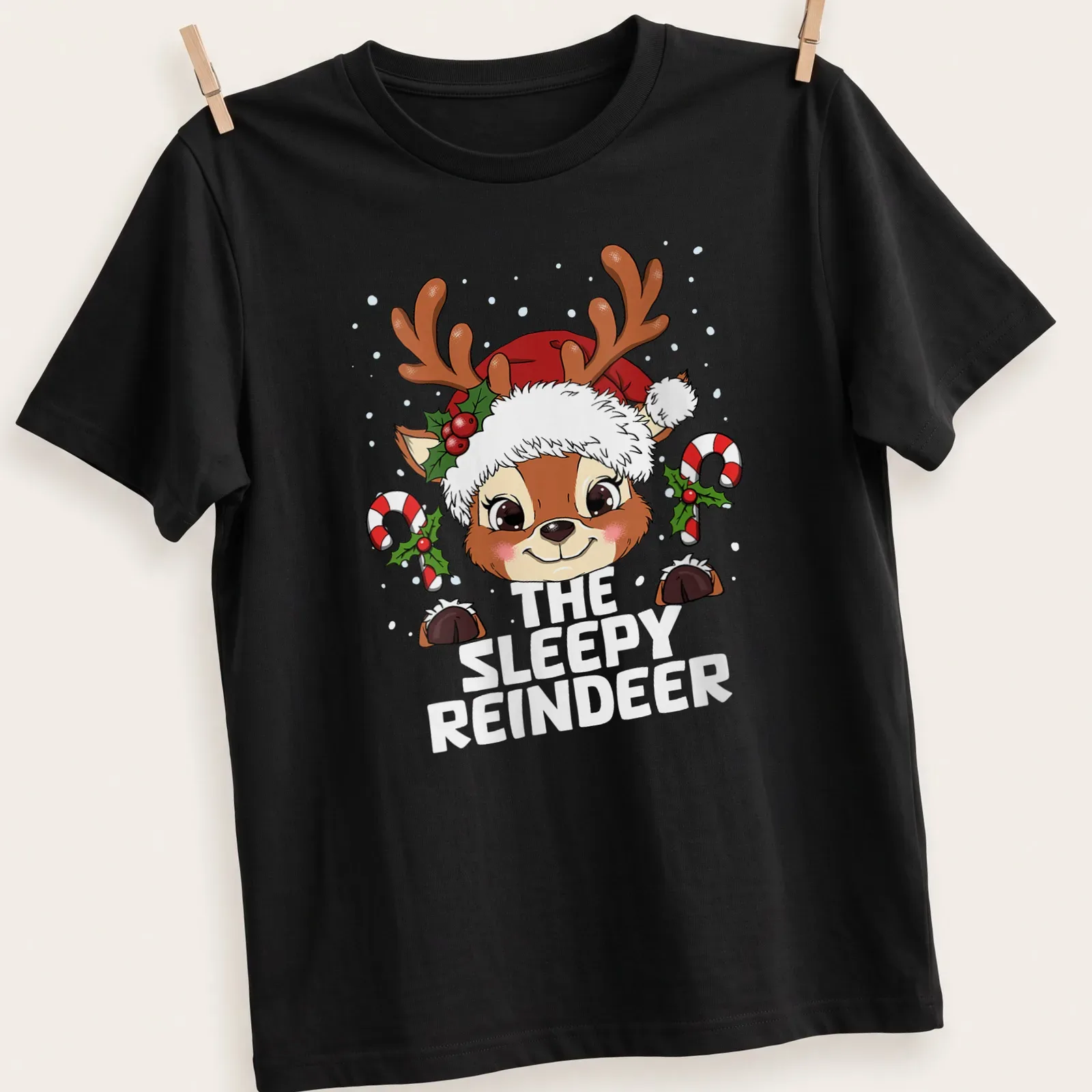 Cute kawaii cartoon of a sleepy reindeer with colorful lettering — printed on a unisex t-shirt