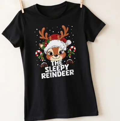 Cute kawaii cartoon of a sleepy reindeer with colorful lettering — printed on a women's shirt