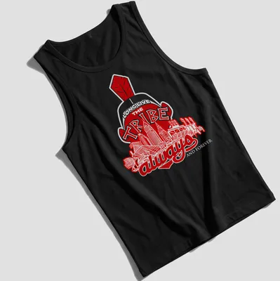 Cleveland skyline illustration with Native American imagery and bold text — printed on a tank top