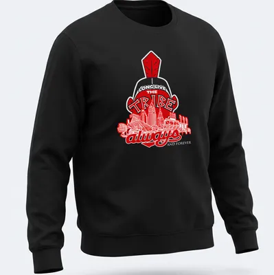Cleveland skyline illustration with Native American imagery and bold text — printed on a unisex sweatshirt