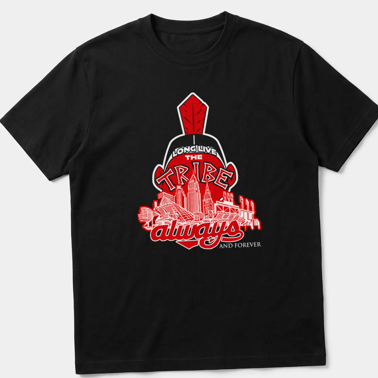 Cleveland skyline illustration with Native American imagery and bold text — printed on a unisex t-shirt